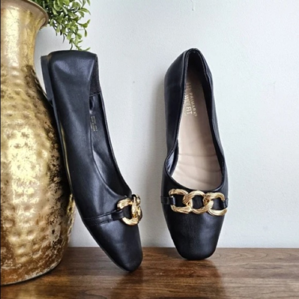 Primark Wide Fit Black Flats w/ Gold Chain | Extra Comfort Loafers